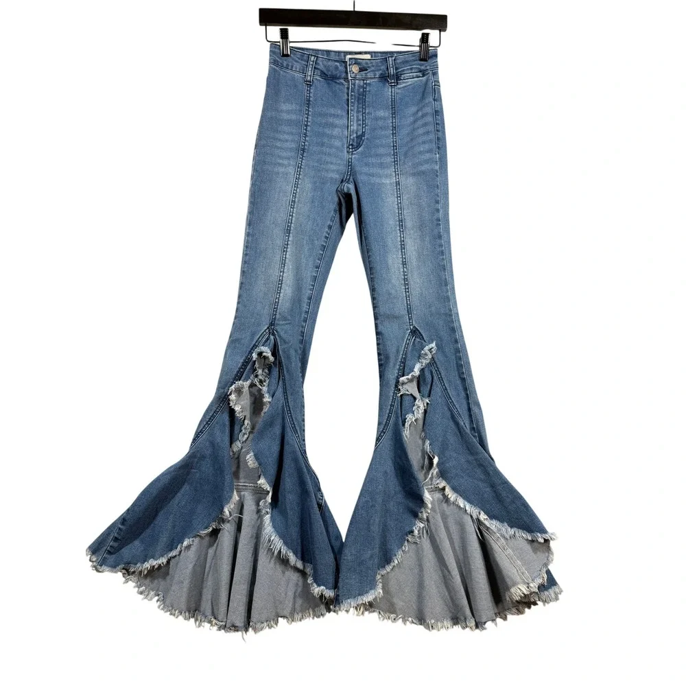 UNIQ By Litz Jeans 25 26 Bell Bottom Extreme Flare Western Festival Boho Raw Hem